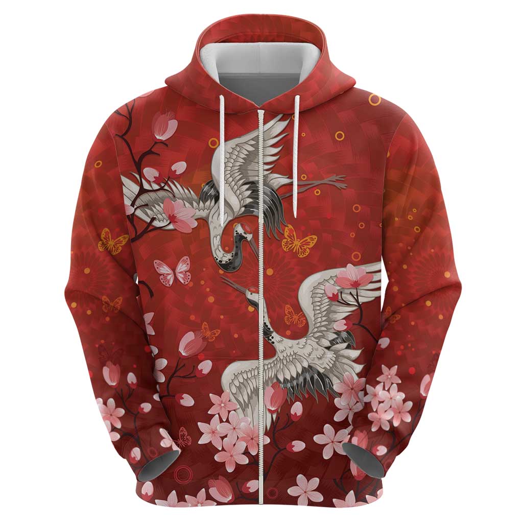 Hawaii Japan Cranes Sakura Flower Red Zip Hoodie Japan Heritage Spirit LT01 - Polynesian Pride