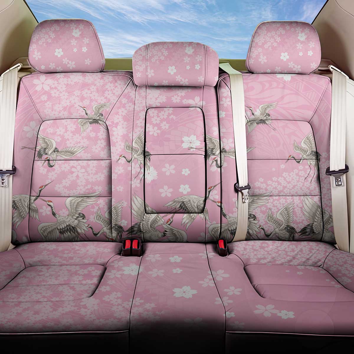 Cranes Sakura Floral Pink Pastel Back Car Seat Cover Hawaii Japan Culture LT01 One Size Pink - Polynesian Pride