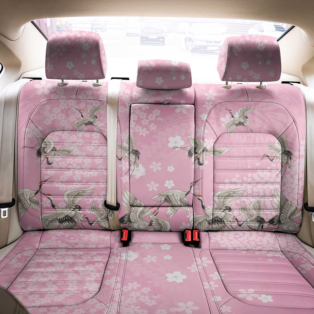 Cranes Sakura Floral Pink Pastel Back Car Seat Cover Hawaii Japan Culture LT01 - Polynesian Pride