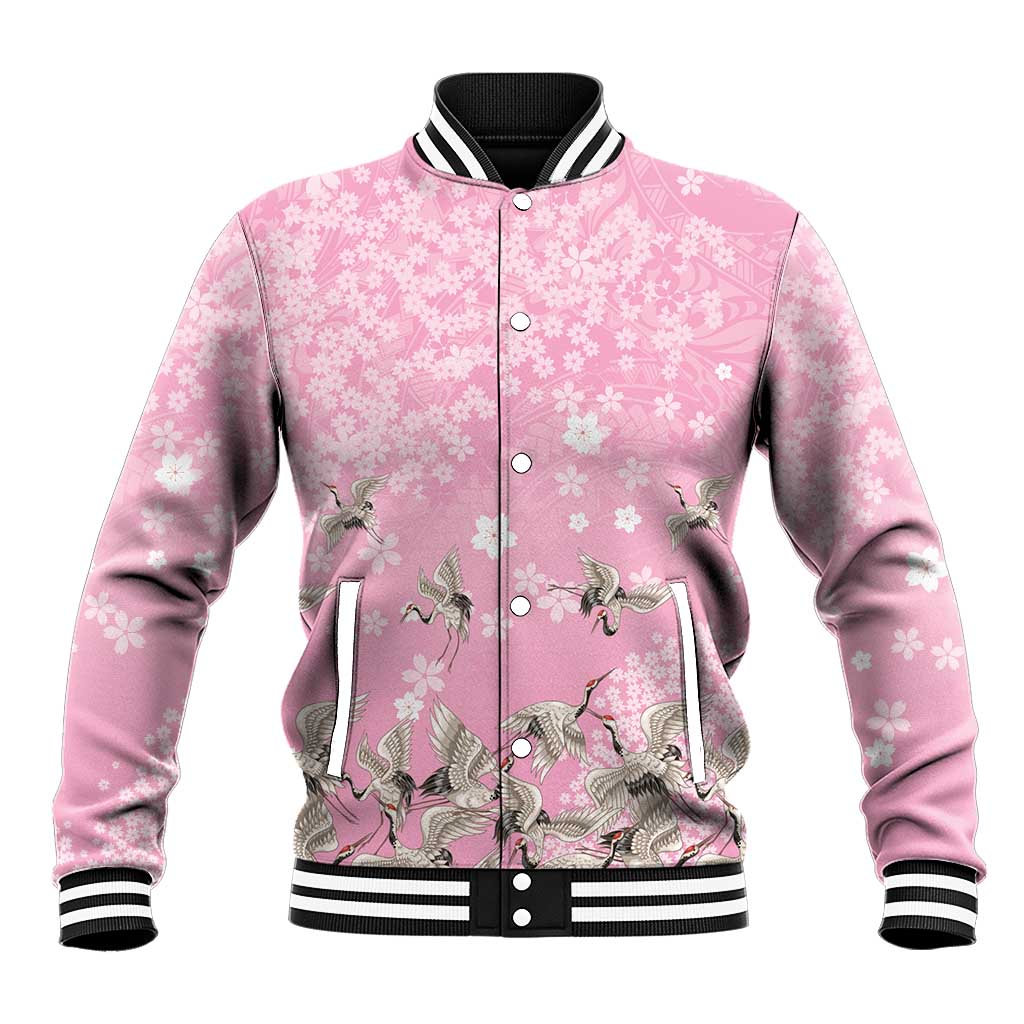 Cranes Sakura Floral Pink Pastel Baseball Jacket Hawaii Japan Culture LT01 Unisex Pink - Polynesian Pride