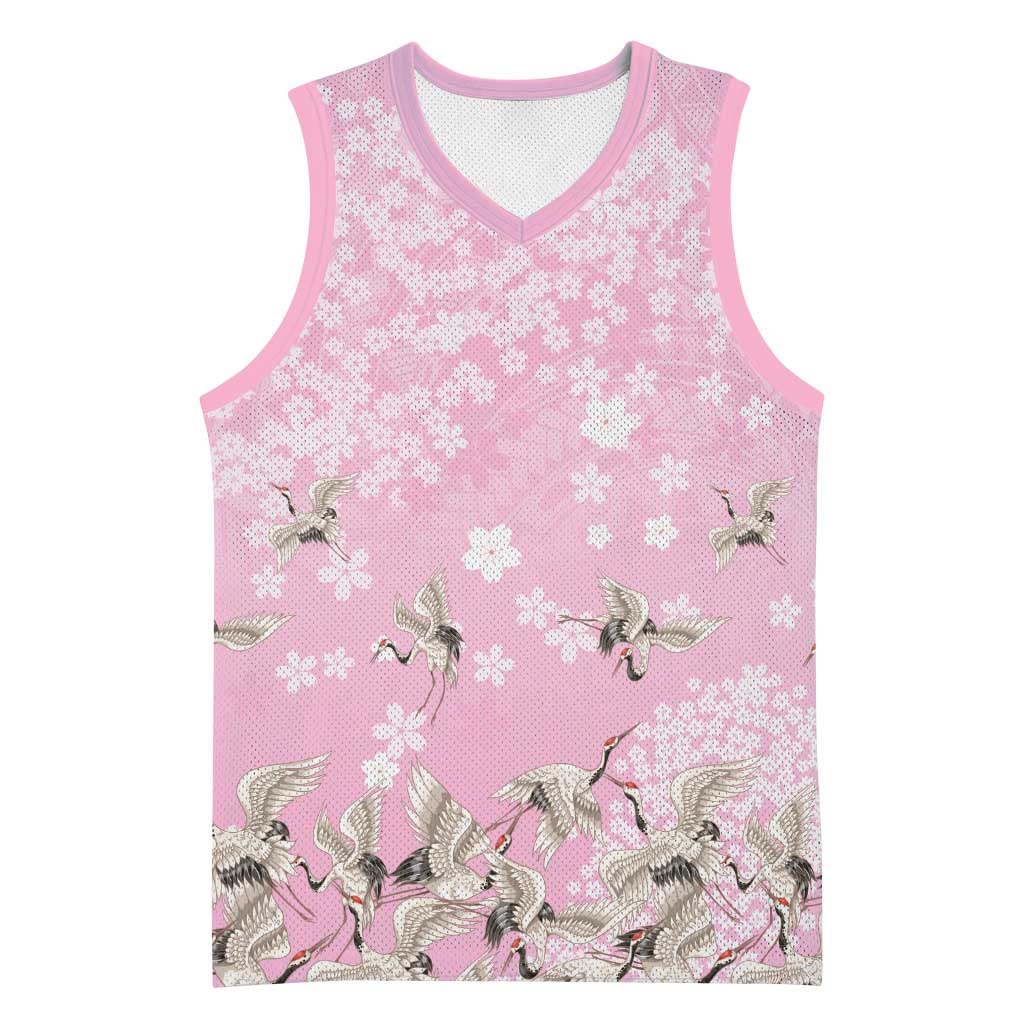 Cranes Sakura Floral Pink Pastel Basketball Jersey Hawaii Japan Culture LT01 Unisex Pink - Polynesian Pride