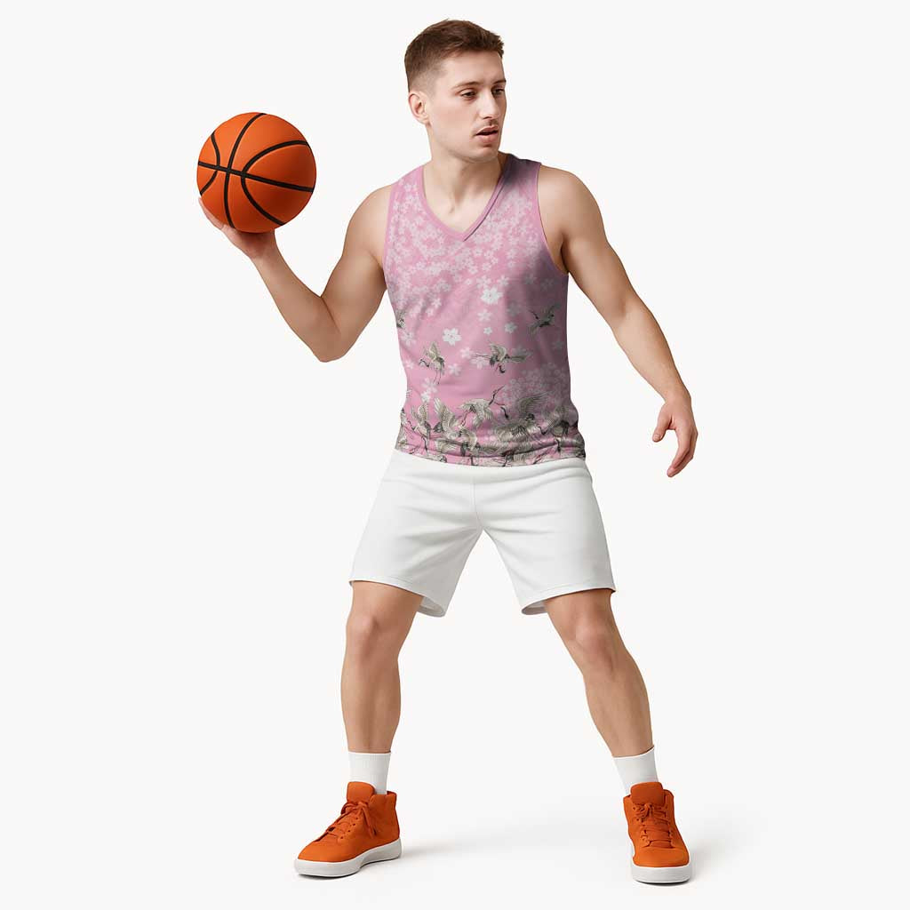Cranes Sakura Floral Pink Pastel Basketball Jersey Hawaii Japan Culture - Polynesian Pride
