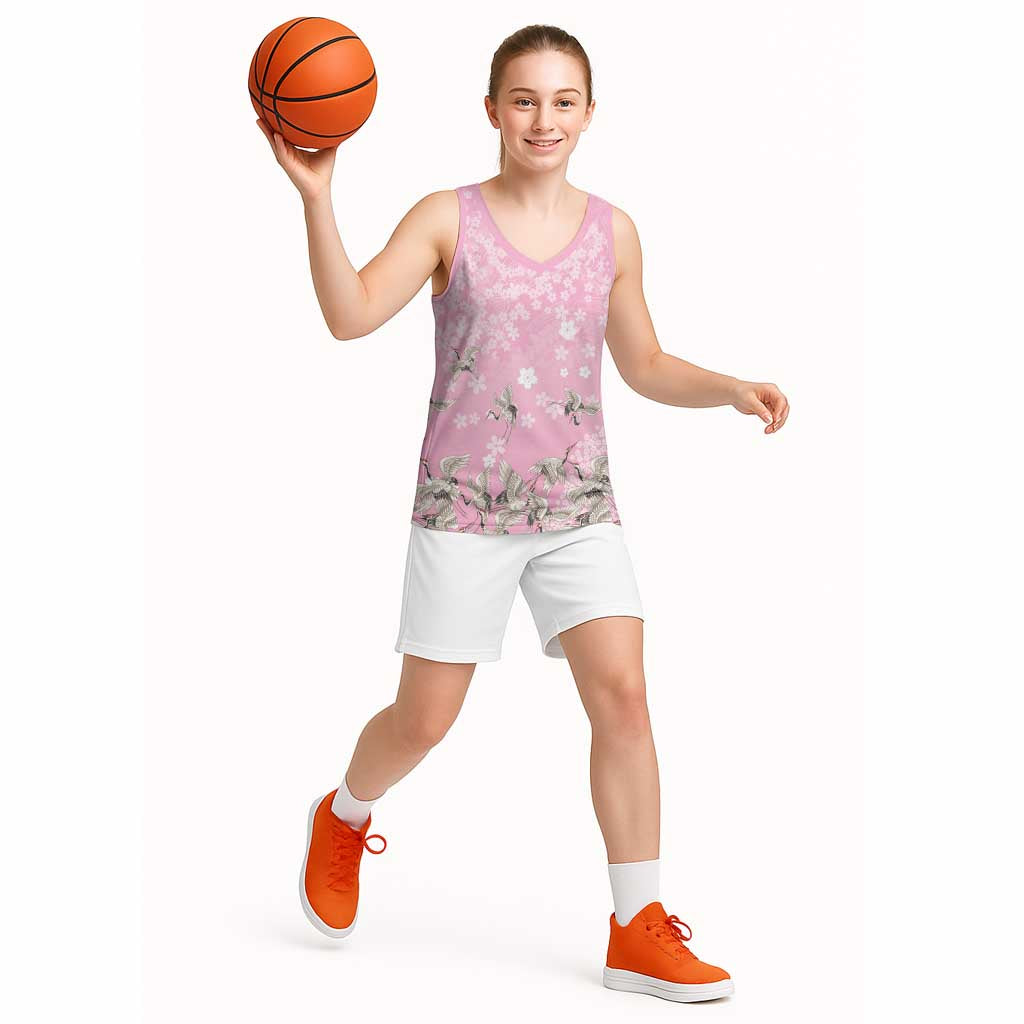 Cranes Sakura Floral Pink Pastel Basketball Jersey Hawaii Japan Culture - Polynesian Pride