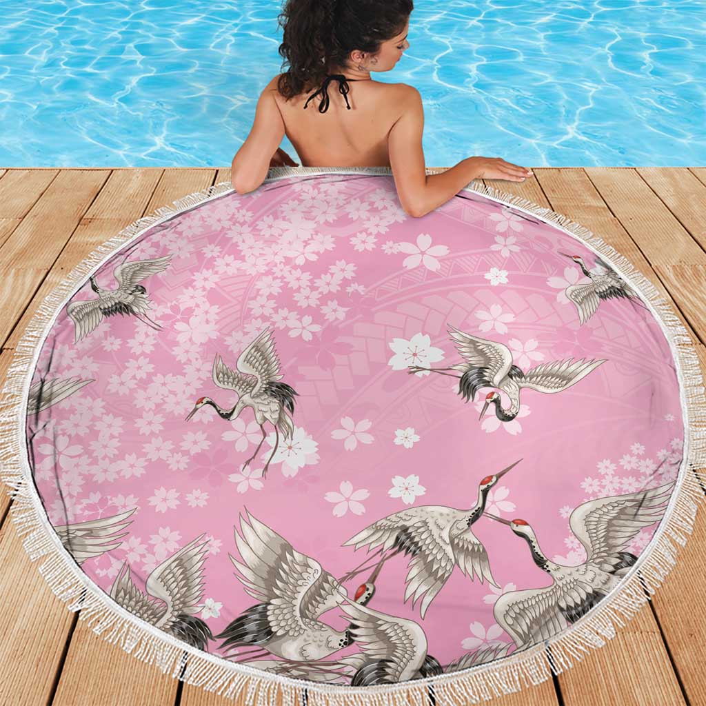 Cranes Sakura Floral Pink Pastel Beach Blanket Hawaii Japan Culture - Polynesian Pride