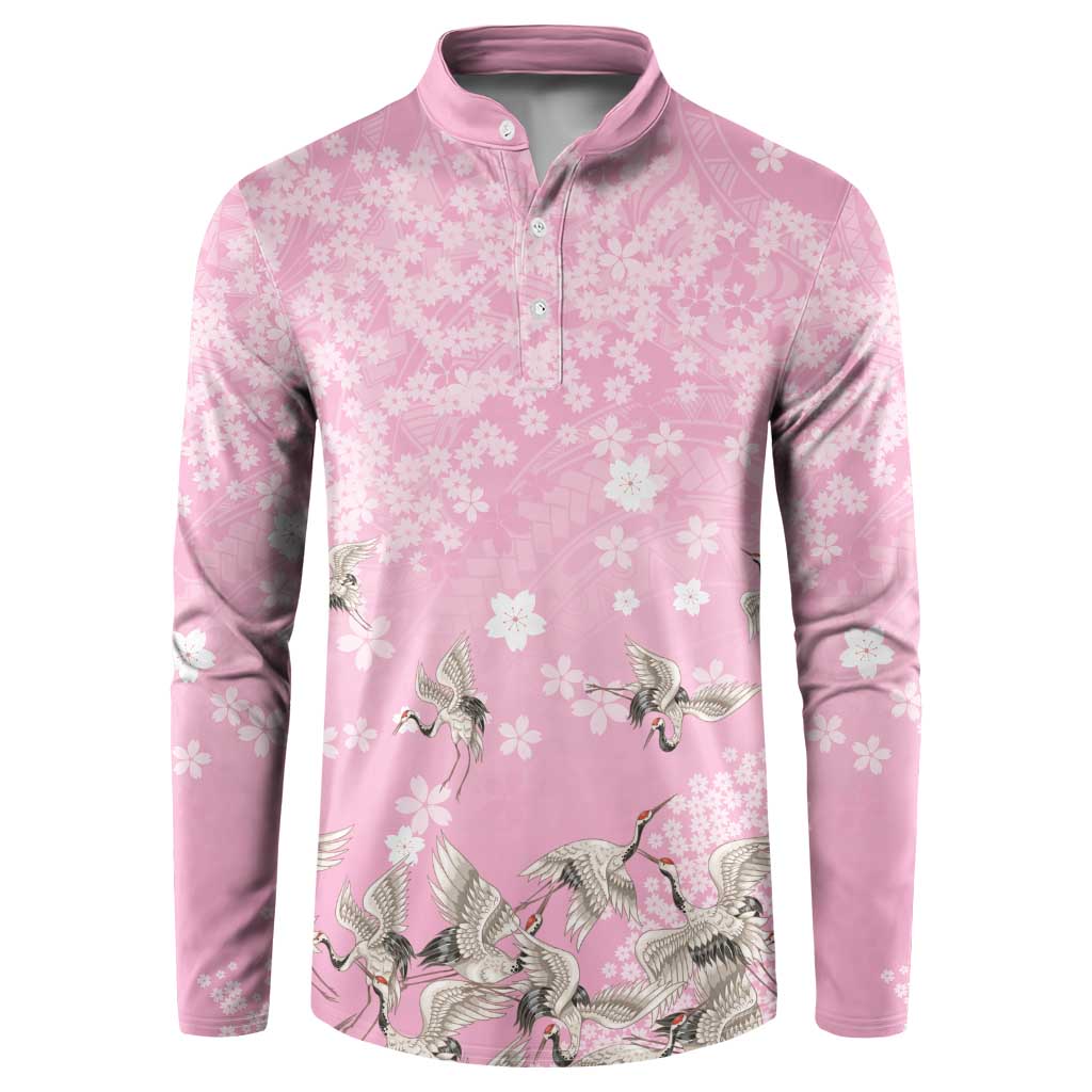Cranes Sakura Floral Pink Pastel Button Sweatshirt Hawaii Japan Culture LT01 Pink - Polynesian Pride