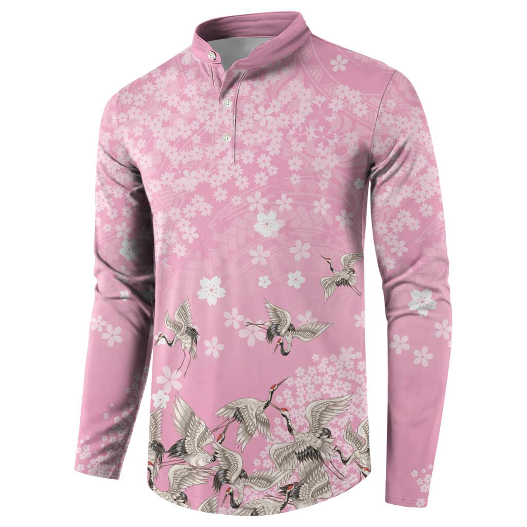 Cranes Sakura Floral Pink Pastel Button Sweatshirt Hawaii Japan Culture LT01 - Polynesian Pride
