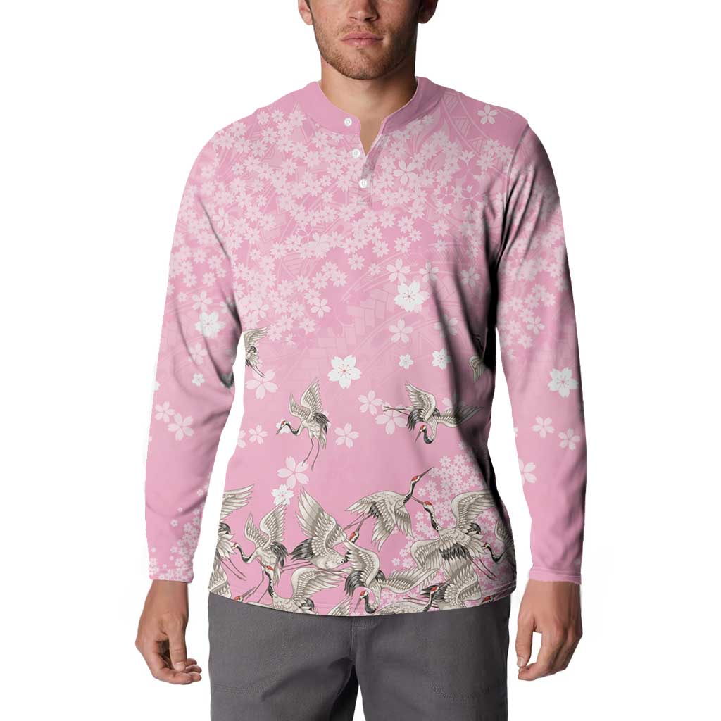 Cranes Sakura Floral Pink Pastel Button Sweatshirt Hawaii Japan Culture LT01 - Polynesian Pride