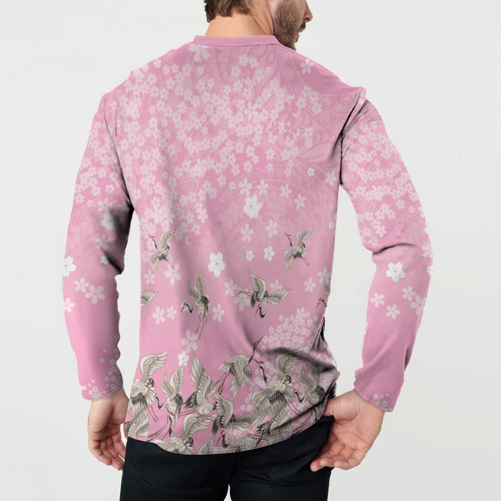Cranes Sakura Floral Pink Pastel Button Sweatshirt Hawaii Japan Culture LT01 - Polynesian Pride