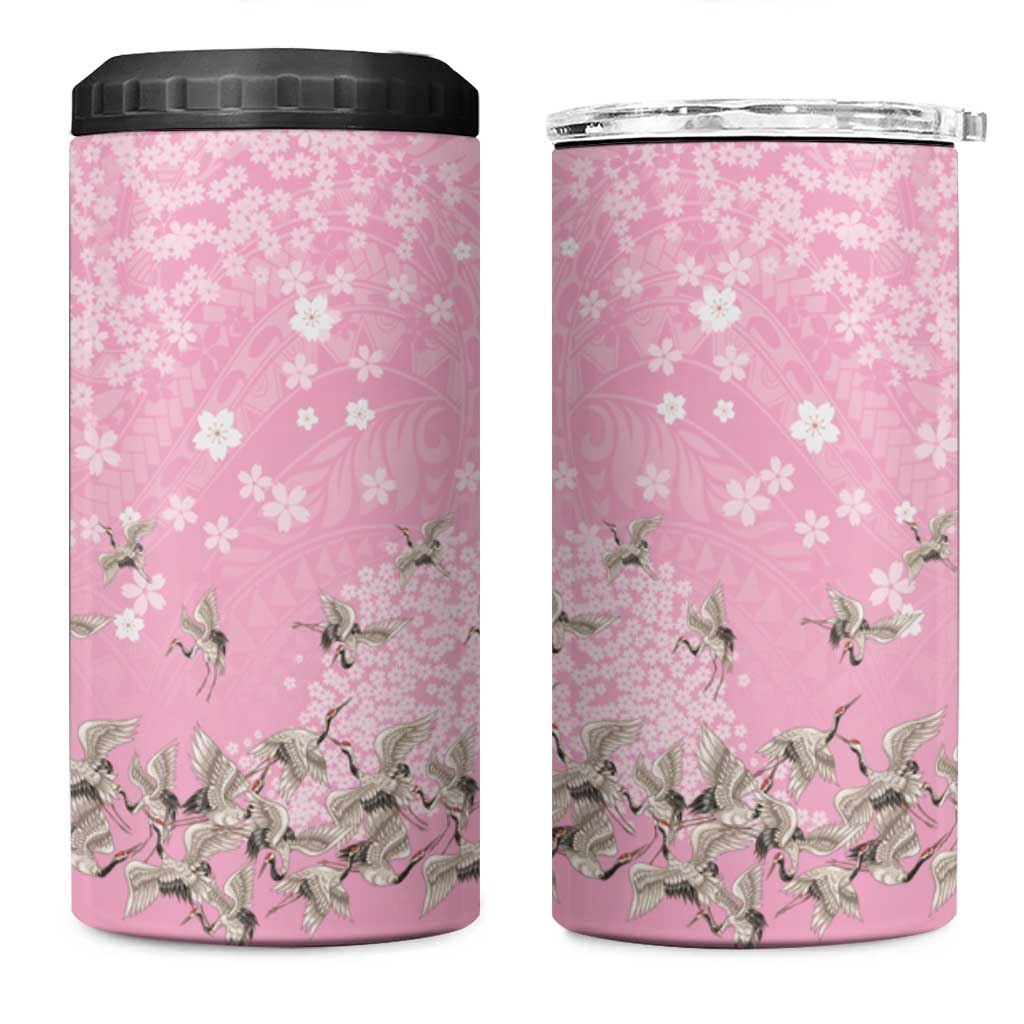 Cranes Sakura Floral Pink Pastel 4 in 1 Can Cooler Tumbler Hawaii Japan Culture - Polynesian Pride