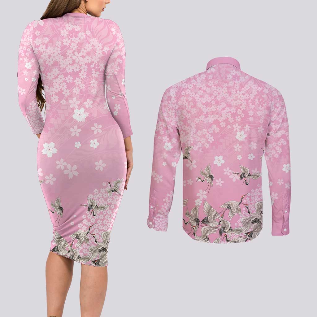 Cranes Sakura Floral Pink Pastel Couples Matching Long Sleeve Bodycon Dress and Long Sleeve Button Shirt Hawaii Japan Culture - Polynesian Pride