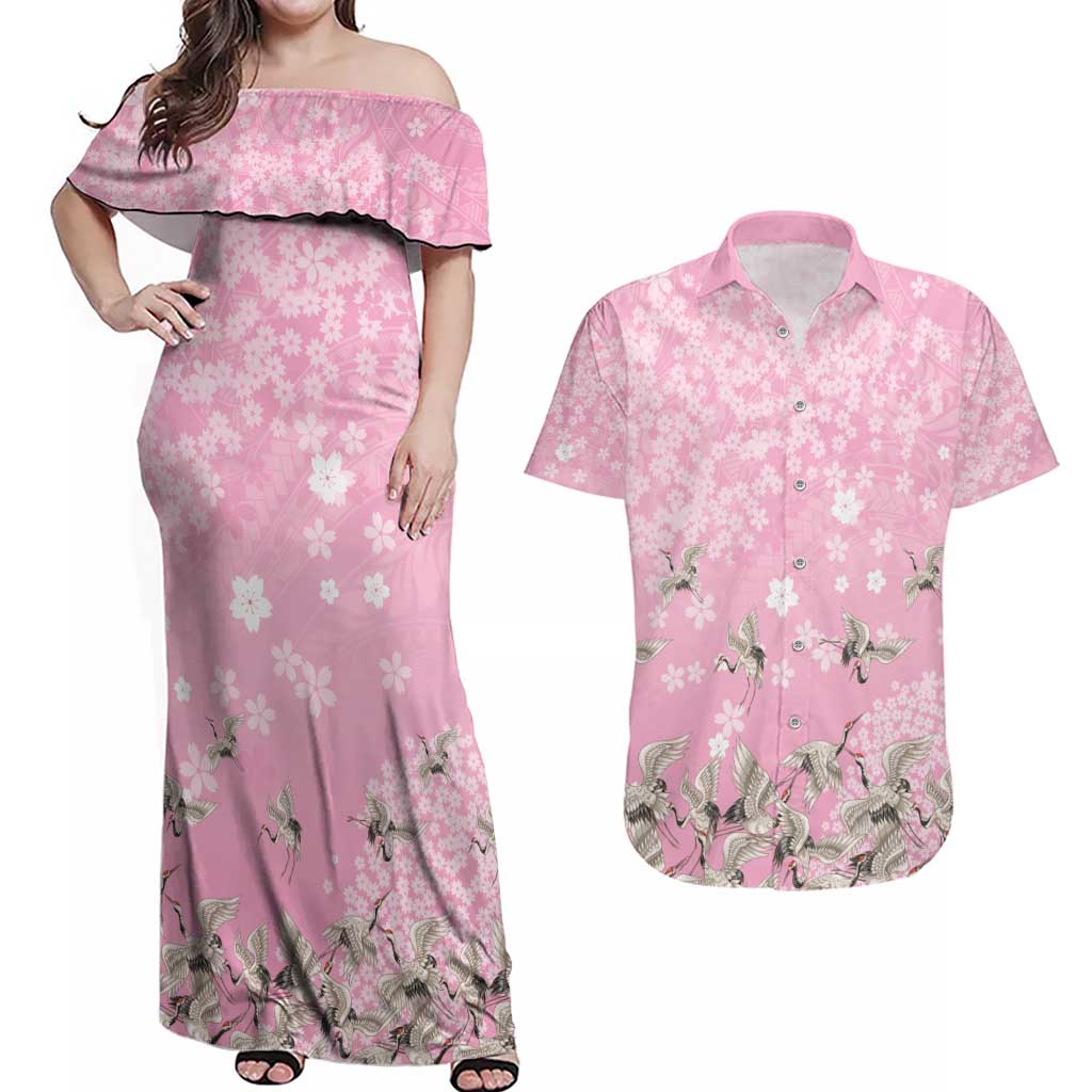 Cranes Sakura Floral Pink Pastel Couples Matching Off Shoulder Maxi Dress and Hawaiian Shirt Hawaii Japan Culture - Polynesian Pride