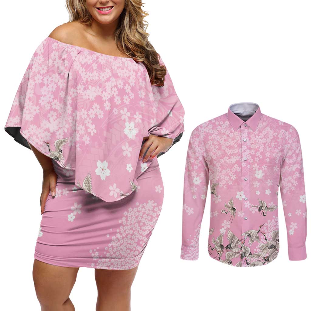 Cranes Sakura Floral Pink Pastel Couples Matching Off Shoulder Short Dress and Long Sleeve Button Shirt Hawaii Japan Culture - Polynesian Pride