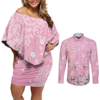 Cranes Sakura Floral Pink Pastel Couples Matching Off Shoulder Short Dress and Long Sleeve Button Shirt Hawaii Japan Culture - Polynesian Pride