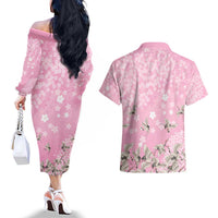 Cranes Sakura Floral Pink Pastel Couples Matching Off The Shoulder Long Sleeve Dress and Hawaiian Shirt Hawaii Japan Culture - Polynesian Pride