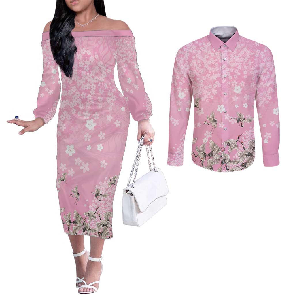 Cranes Sakura Floral Pink Pastel Couples Matching Off The Shoulder Long Sleeve Dress and Long Sleeve Button Shirt Hawaii Japan Culture - Polynesian Pride