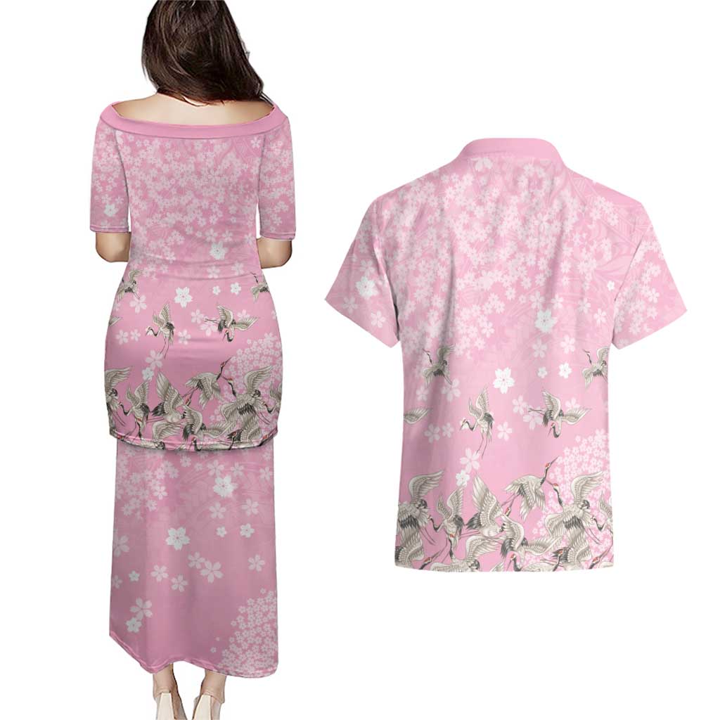 Cranes Sakura Floral Pink Pastel Couples Matching Puletasi and Hawaiian Shirt Hawaii Japan Culture - Polynesian Pride