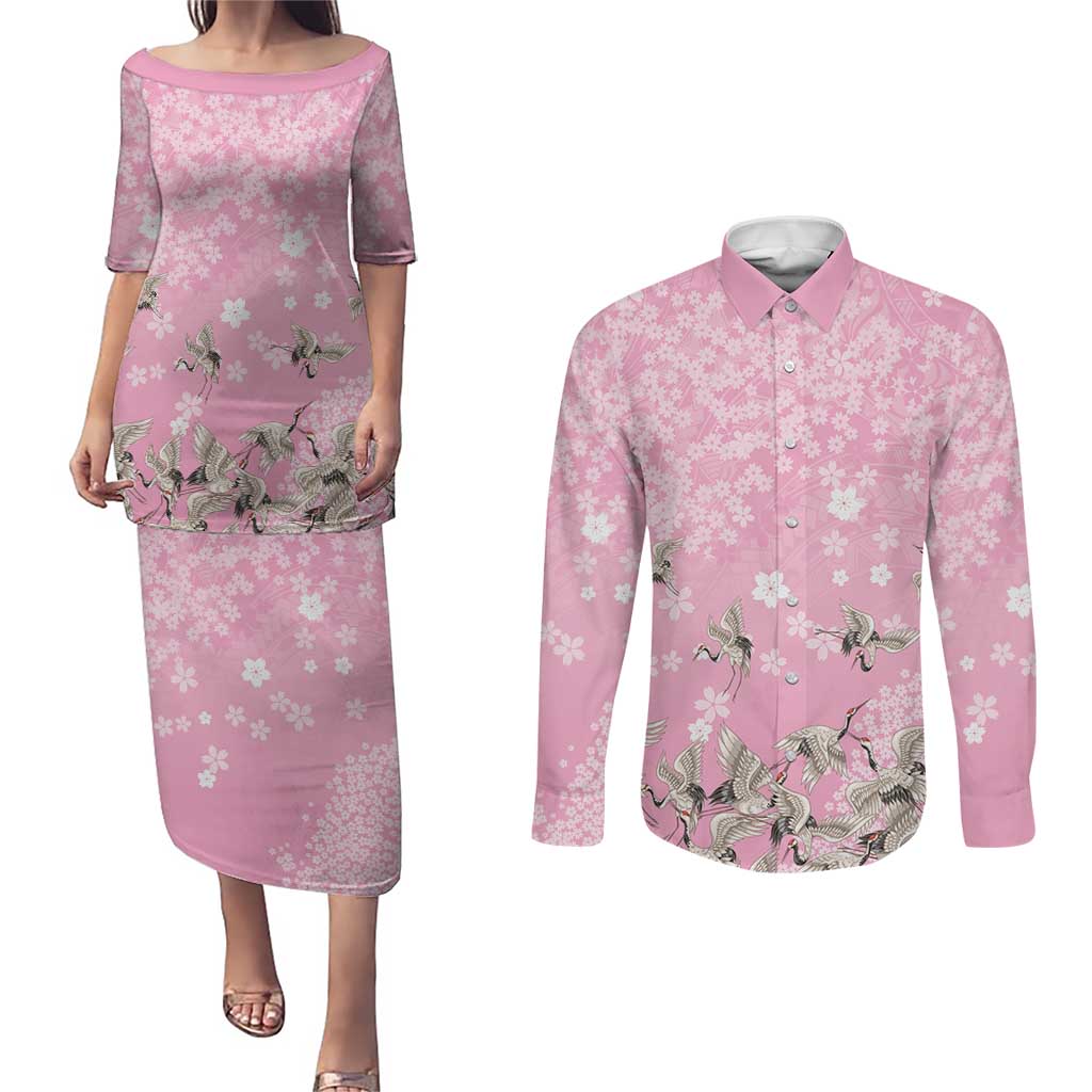 Cranes Sakura Floral Pink Pastel Couples Matching Puletasi and Long Sleeve Button Shirt Hawaii Japan Culture - Polynesian Pride