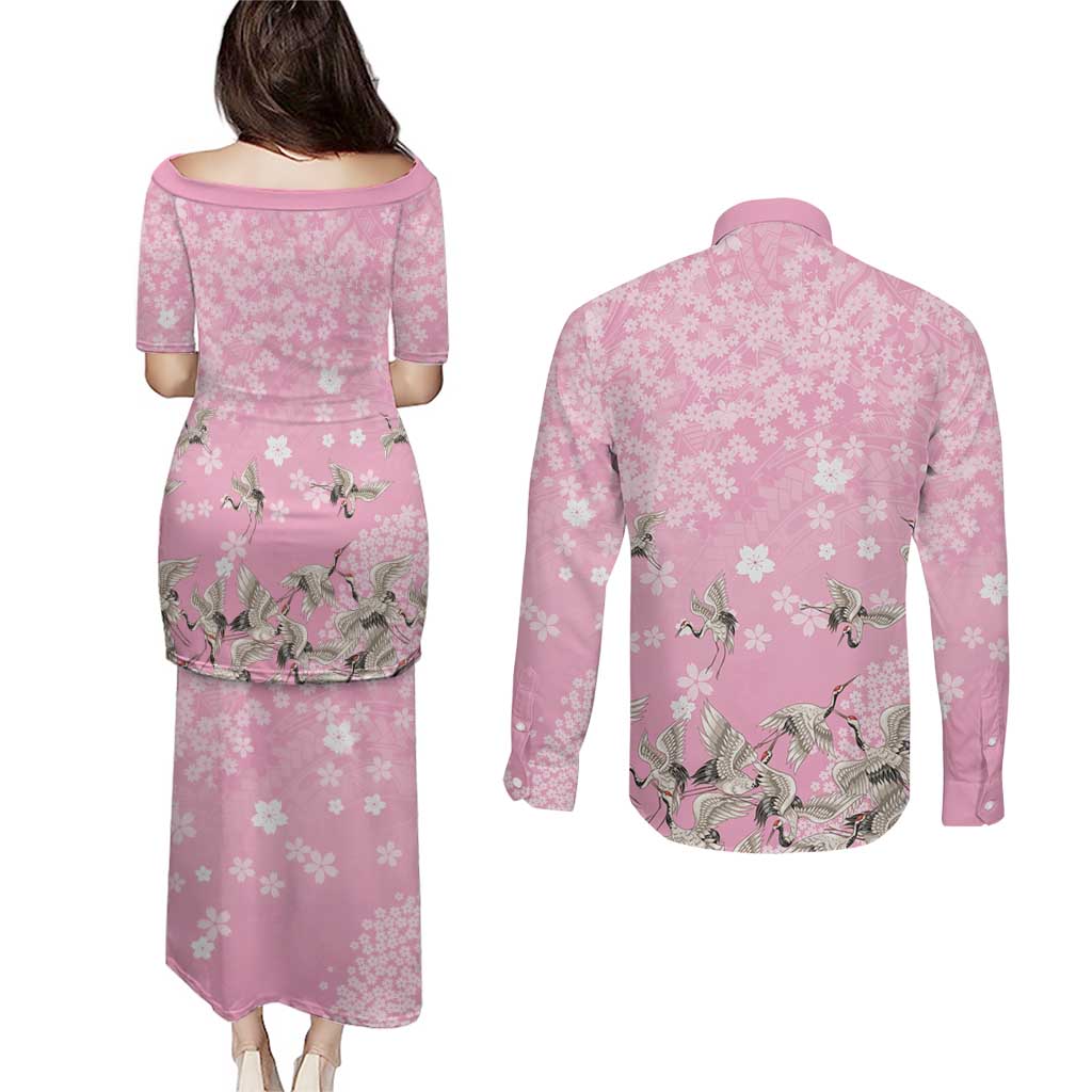 Cranes Sakura Floral Pink Pastel Couples Matching Puletasi and Long Sleeve Button Shirt Hawaii Japan Culture - Polynesian Pride