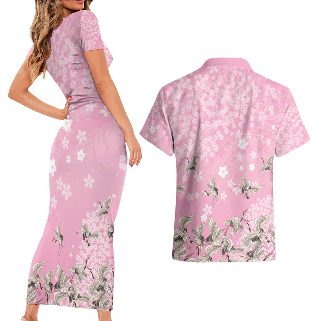 Cranes Sakura Floral Pink Pastel Couples Matching Short Sleeve Bodycon Dress and Hawaiian Shirt Hawaii Japan Culture - Polynesian Pride