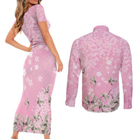 Cranes Sakura Floral Pink Pastel Couples Matching Short Sleeve Bodycon Dress and Long Sleeve Button Shirt Hawaii Japan Culture - Polynesian Pride