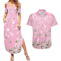 Cranes Sakura Floral Pink Pastel Couples Matching Summer Maxi Dress and Hawaiian Shirt Hawaii Japan Culture - Polynesian Pride
