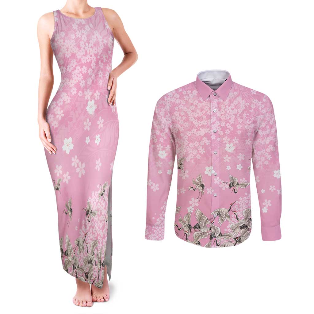 Cranes Sakura Floral Pink Pastel Couples Matching Tank Maxi Dress and Long Sleeve Button Shirt Hawaii Japan Culture - Polynesian Pride