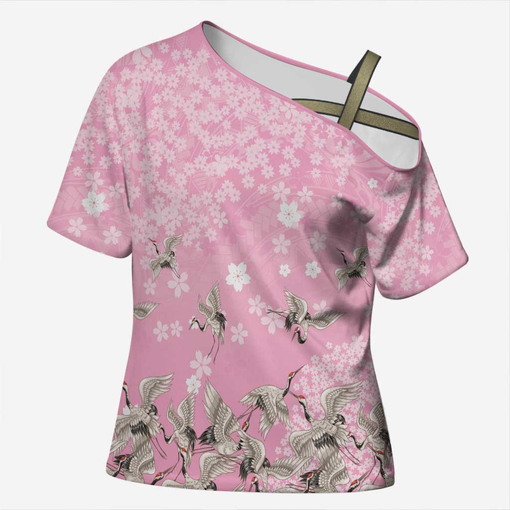 Cranes Sakura Floral Pink Pastel Cross Shoulder Shirt Hawaii Japan Culture LT01 Female Pink - Polynesian Pride