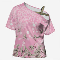 Cranes Sakura Floral Pink Pastel Cross Shoulder Shirt Hawaii Japan Culture LT01 Female Pink - Polynesian Pride