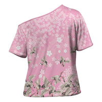 Cranes Sakura Floral Pink Pastel Cross Shoulder Shirt Hawaii Japan Culture LT01 - Polynesian Pride