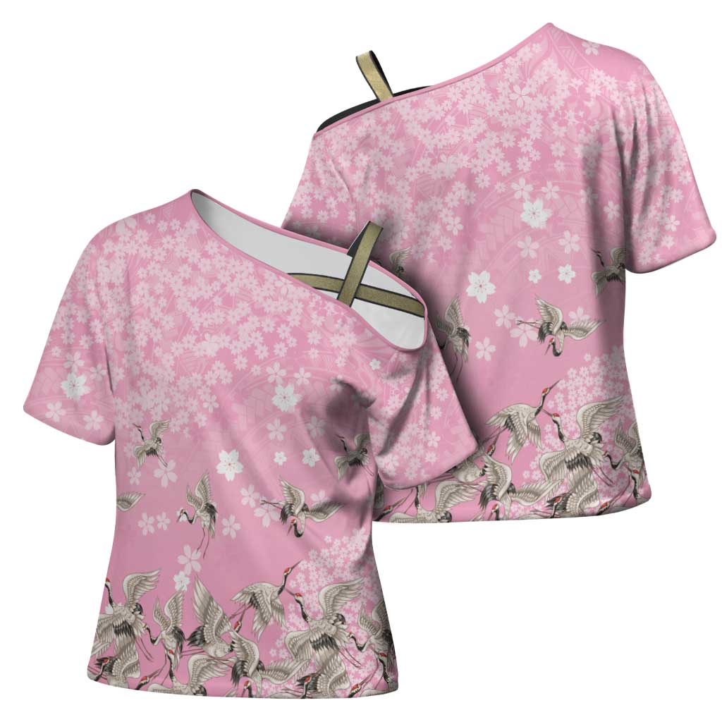 Cranes Sakura Floral Pink Pastel Cross Shoulder Shirt Hawaii Japan Culture LT01 - Polynesian Pride