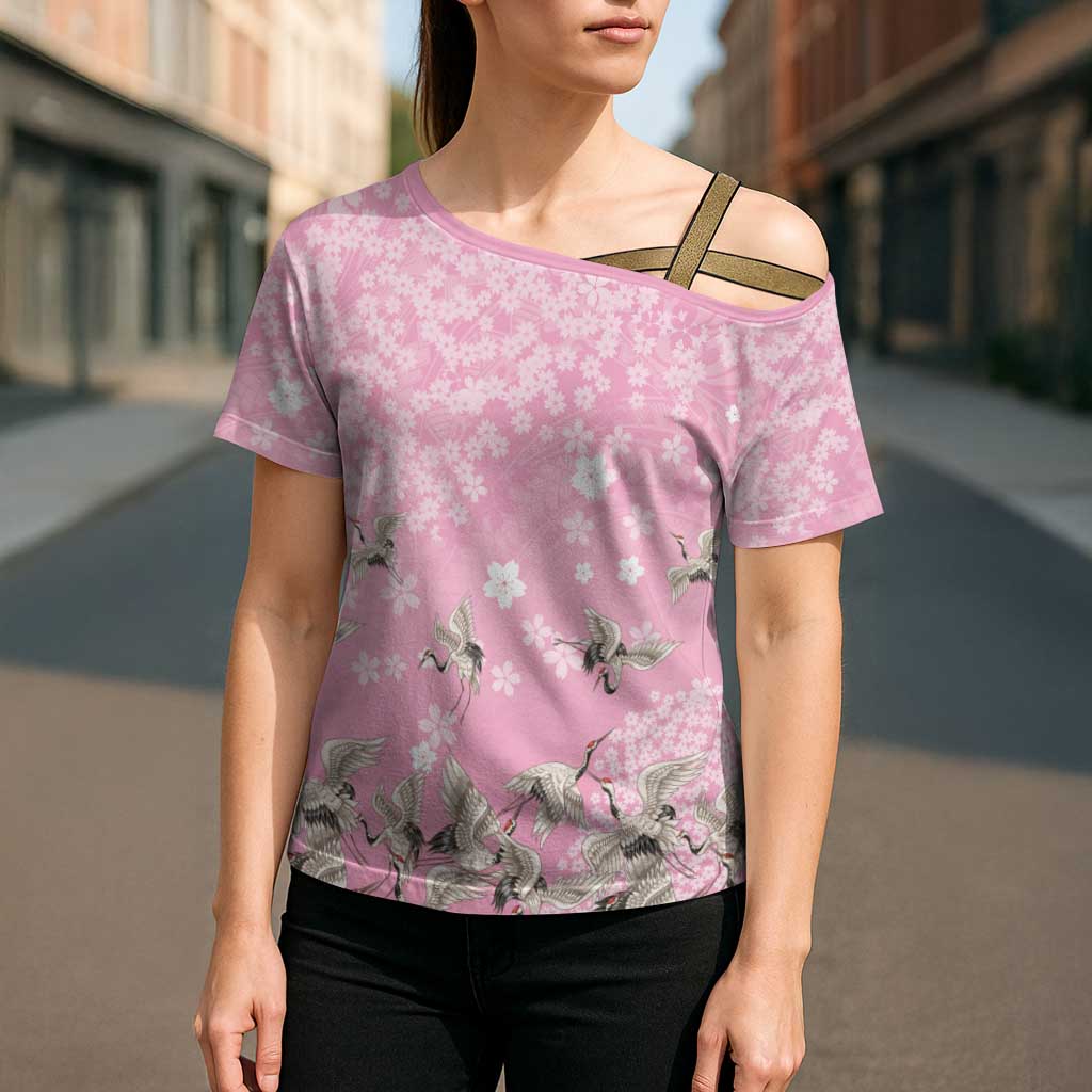 Cranes Sakura Floral Pink Pastel Cross Shoulder Shirt Hawaii Japan Culture LT01 - Polynesian Pride