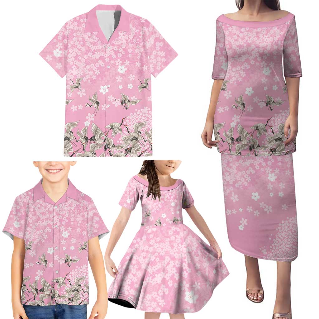 Cranes Sakura Floral Pink Pastel Family Matching Puletasi and Hawaiian Shirt Hawaii Japan Culture - Polynesian Pride
