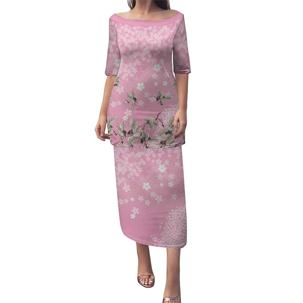 Cranes Sakura Floral Pink Pastel Family Matching Puletasi and Hawaiian Shirt Hawaii Japan Culture - Polynesian Pride