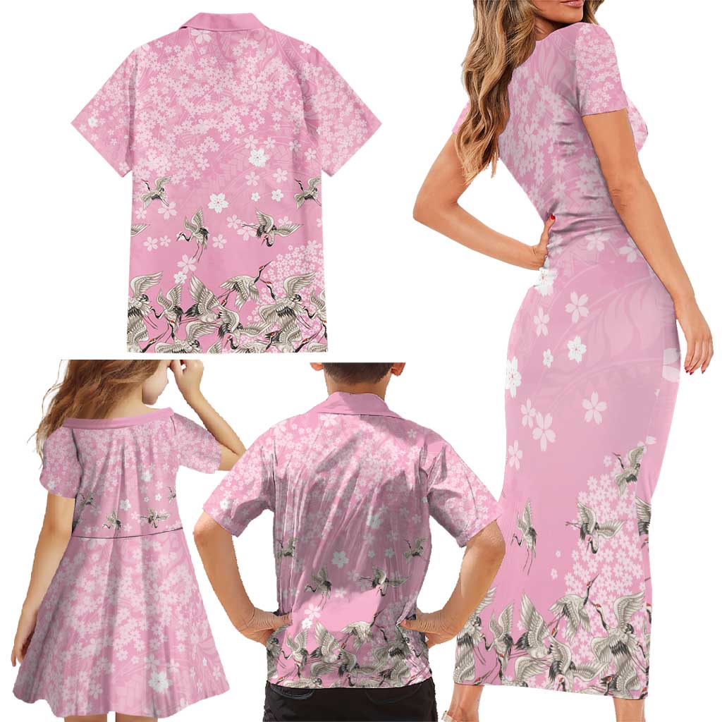 Cranes Sakura Floral Pink Pastel Family Matching Short Sleeve Bodycon Dress and Hawaiian Shirt Hawaii Japan Culture - Polynesian Pride