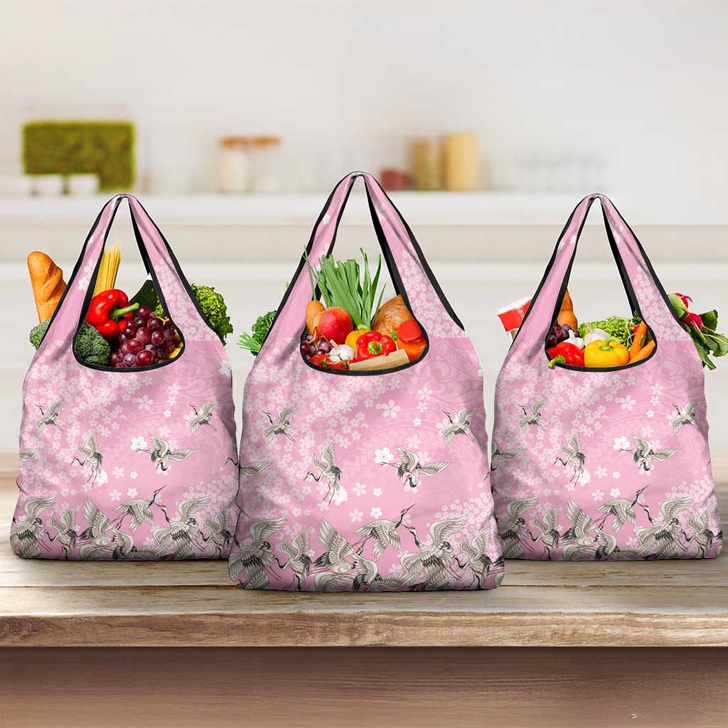Cranes Sakura Floral Pink Pastel Grocery Bag Hawaii Japan Culture - Polynesian Pride