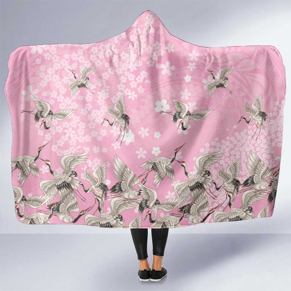 Cranes Sakura Floral Pink Pastel Hooded Blanket Hawaii Japan Culture LT01 One Size Pink - Polynesian Pride