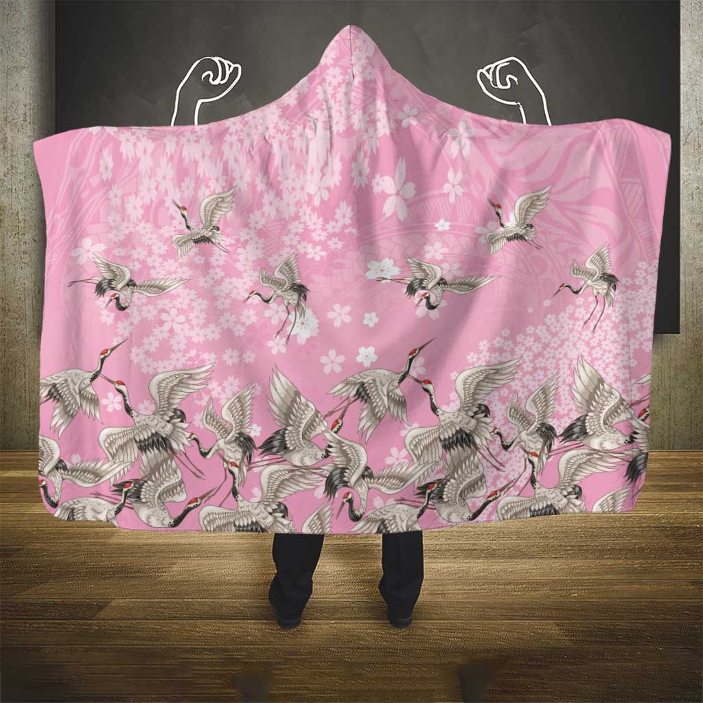 Cranes Sakura Floral Pink Pastel Hooded Blanket Hawaii Japan Culture LT01 - Polynesian Pride