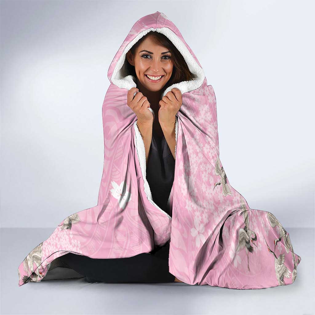 Cranes Sakura Floral Pink Pastel Hooded Blanket Hawaii Japan Culture LT01 - Polynesian Pride