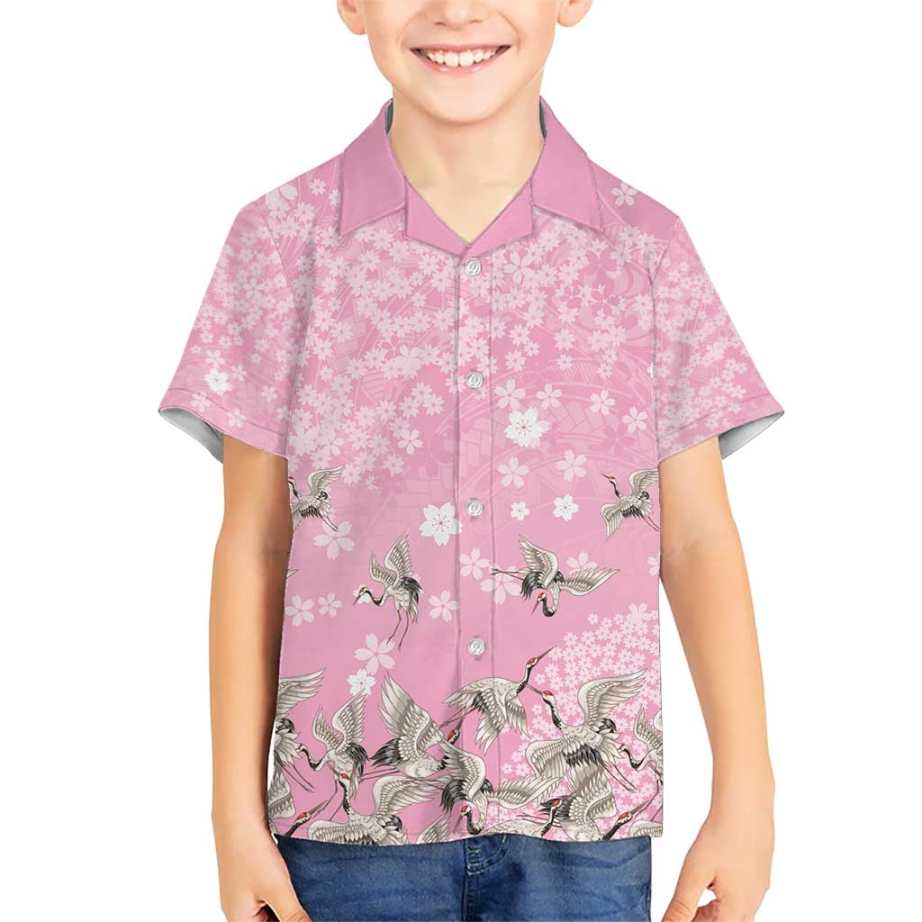 Cranes Sakura Floral Pink Pastel Kid Hawaiian Shirt Hawaii Japan Culture - Polynesian Pride