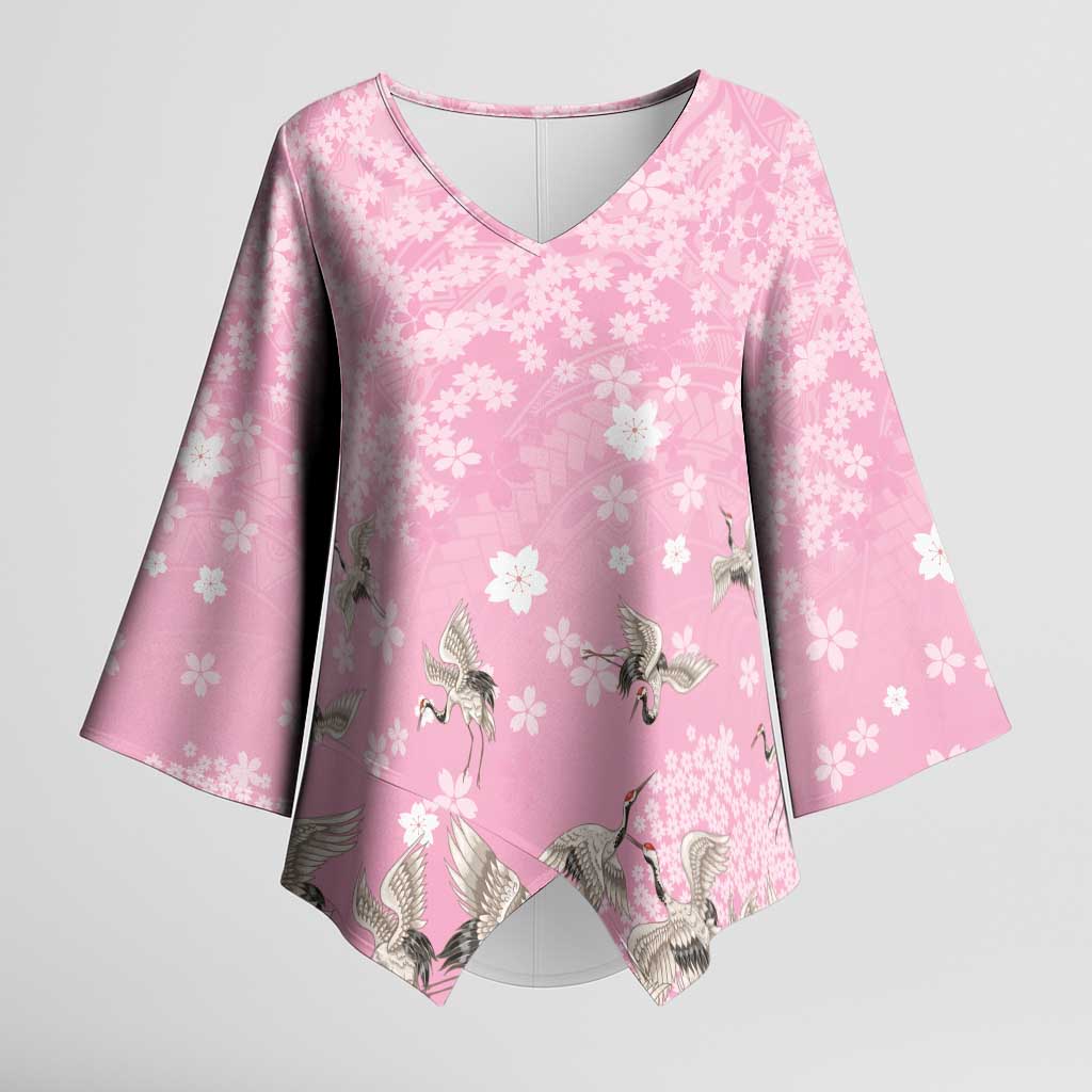 Cranes Sakura Floral Pink Pastel Kimono Sleeve Blouse Hawaii Japan Culture LT01 Female Pink - Polynesian Pride