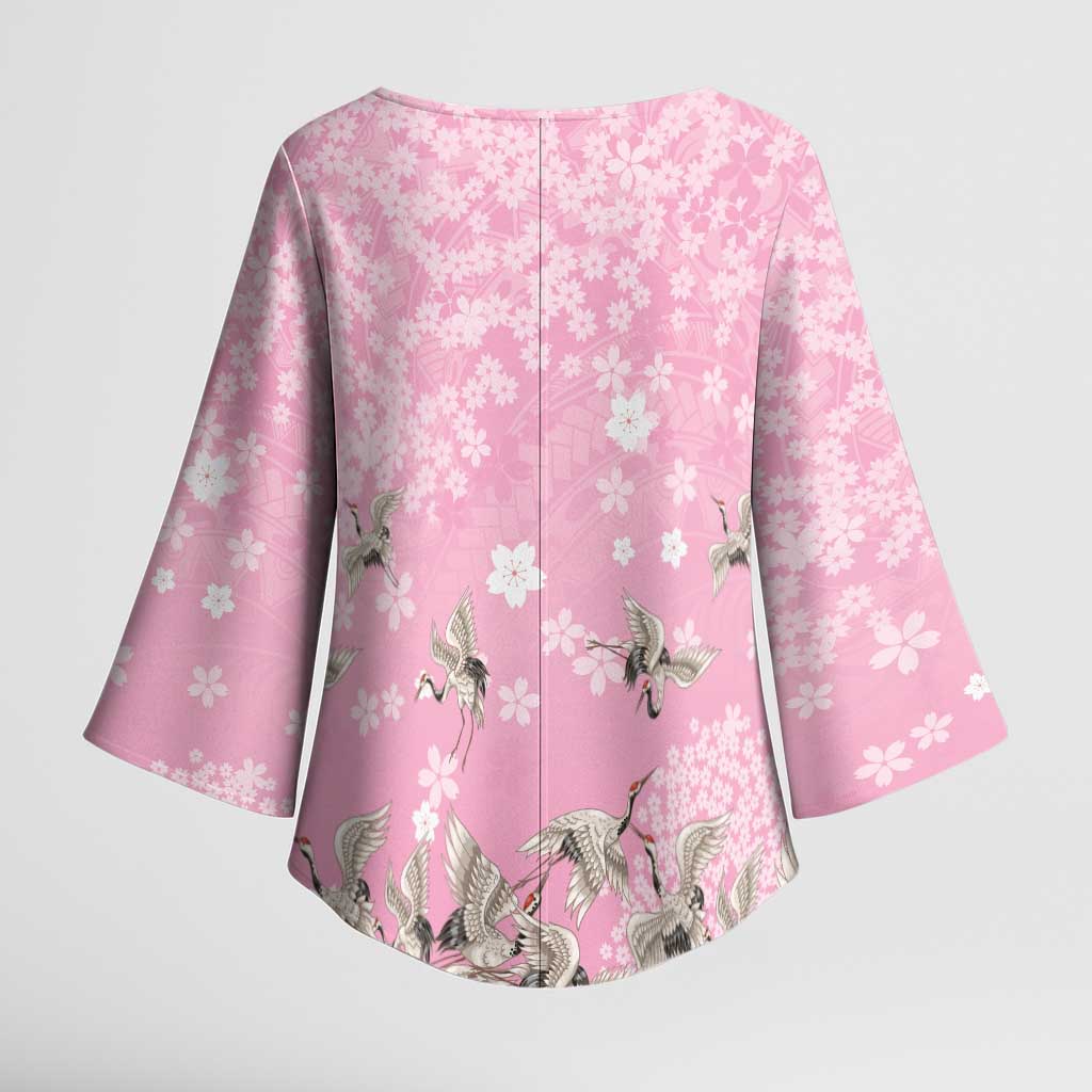 Cranes Sakura Floral Pink Pastel Kimono Sleeve Blouse Hawaii Japan Culture LT01 - Polynesian Pride