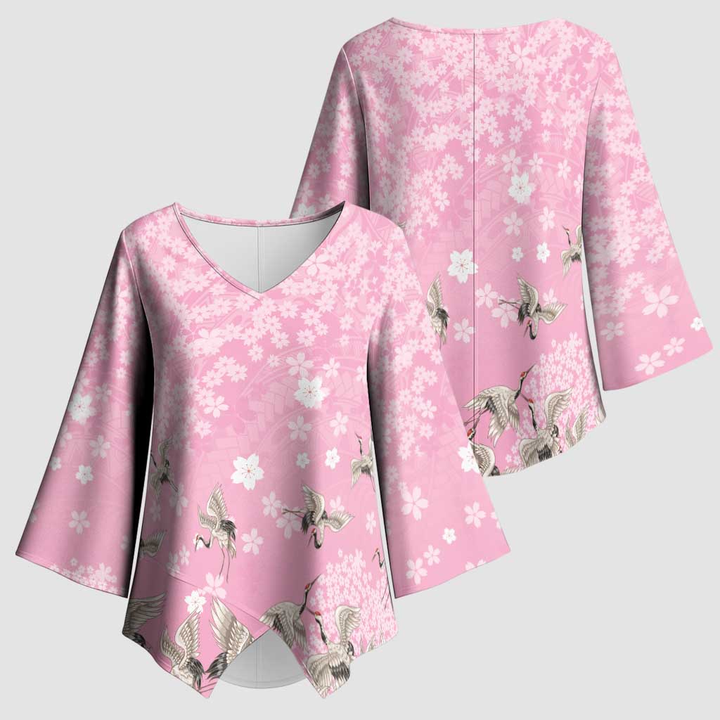 Cranes Sakura Floral Pink Pastel Kimono Sleeve Blouse Hawaii Japan Culture LT01 - Polynesian Pride