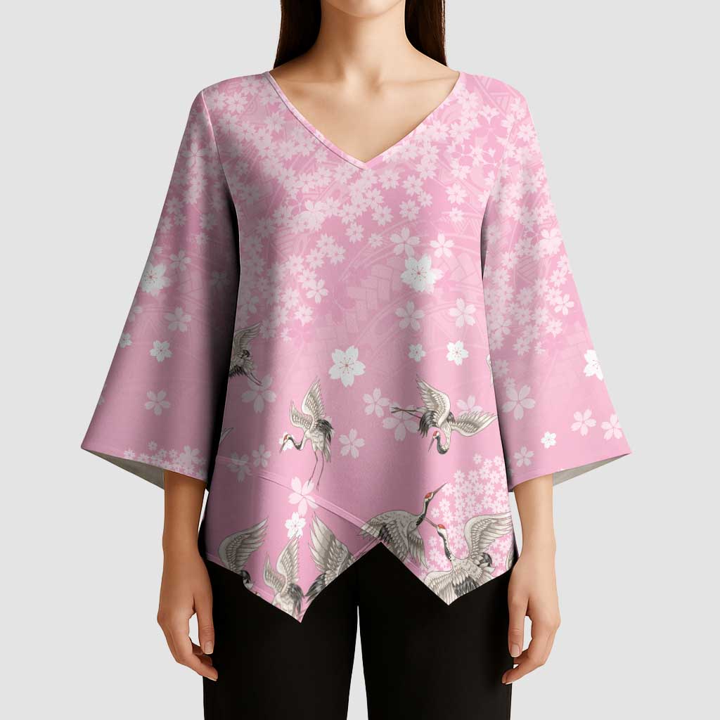 Cranes Sakura Floral Pink Pastel Kimono Sleeve Blouse Hawaii Japan Culture LT01 - Polynesian Pride