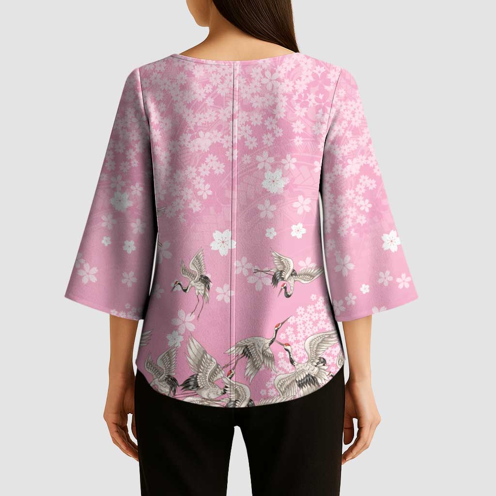 Cranes Sakura Floral Pink Pastel Kimono Sleeve Blouse Hawaii Japan Culture LT01 - Polynesian Pride