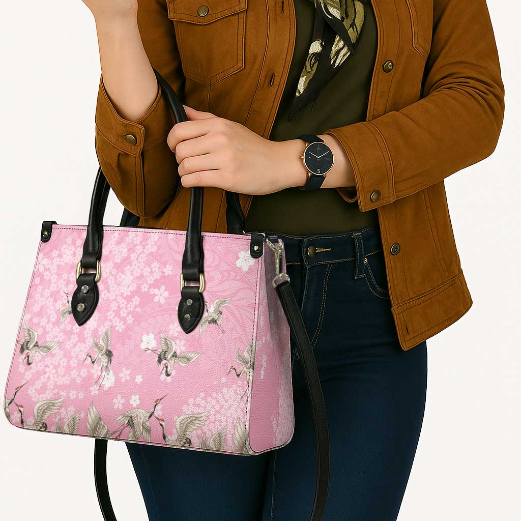 Cranes Sakura Floral Pink Pastel Leather Bag Hawaii Japan Culture - Polynesian Pride
