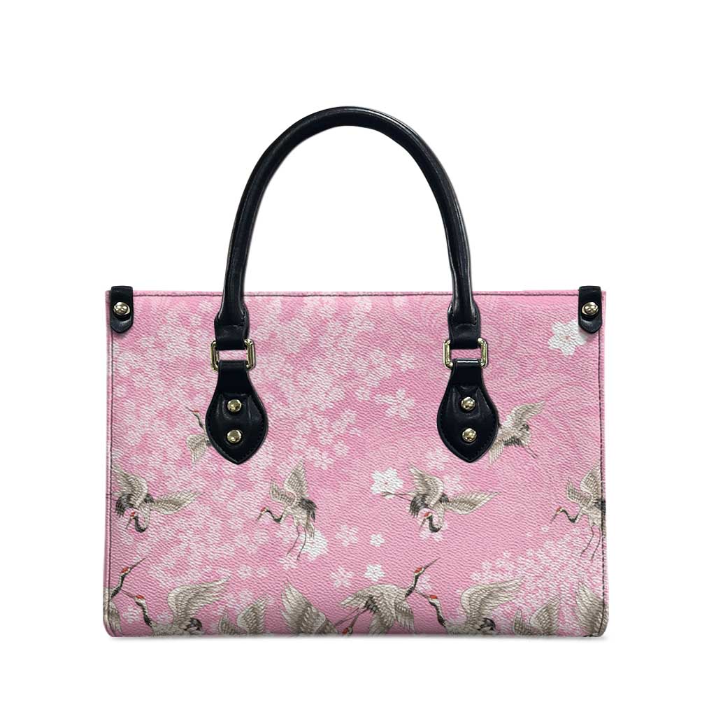 Cranes Sakura Floral Pink Pastel Leather Bag Hawaii Japan Culture - Polynesian Pride