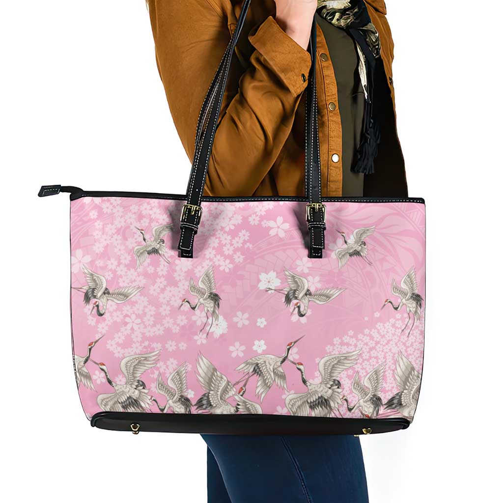 Cranes Sakura Floral Pink Pastel Leather Tote Bag Hawaii Japan Culture - Polynesian Pride