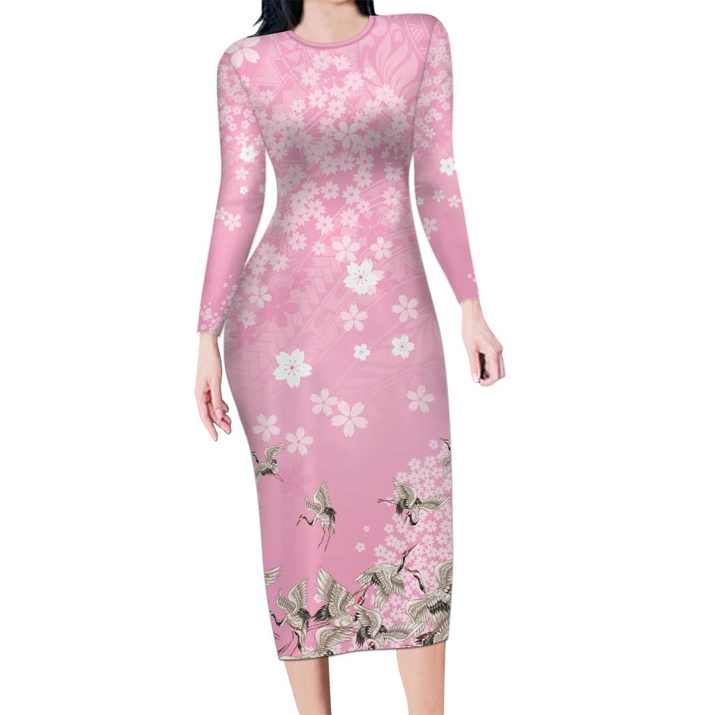 Cranes Sakura Floral Pink Pastel Long Sleeve Bodycon Dress Hawaii Japan Culture - Polynesian Pride
