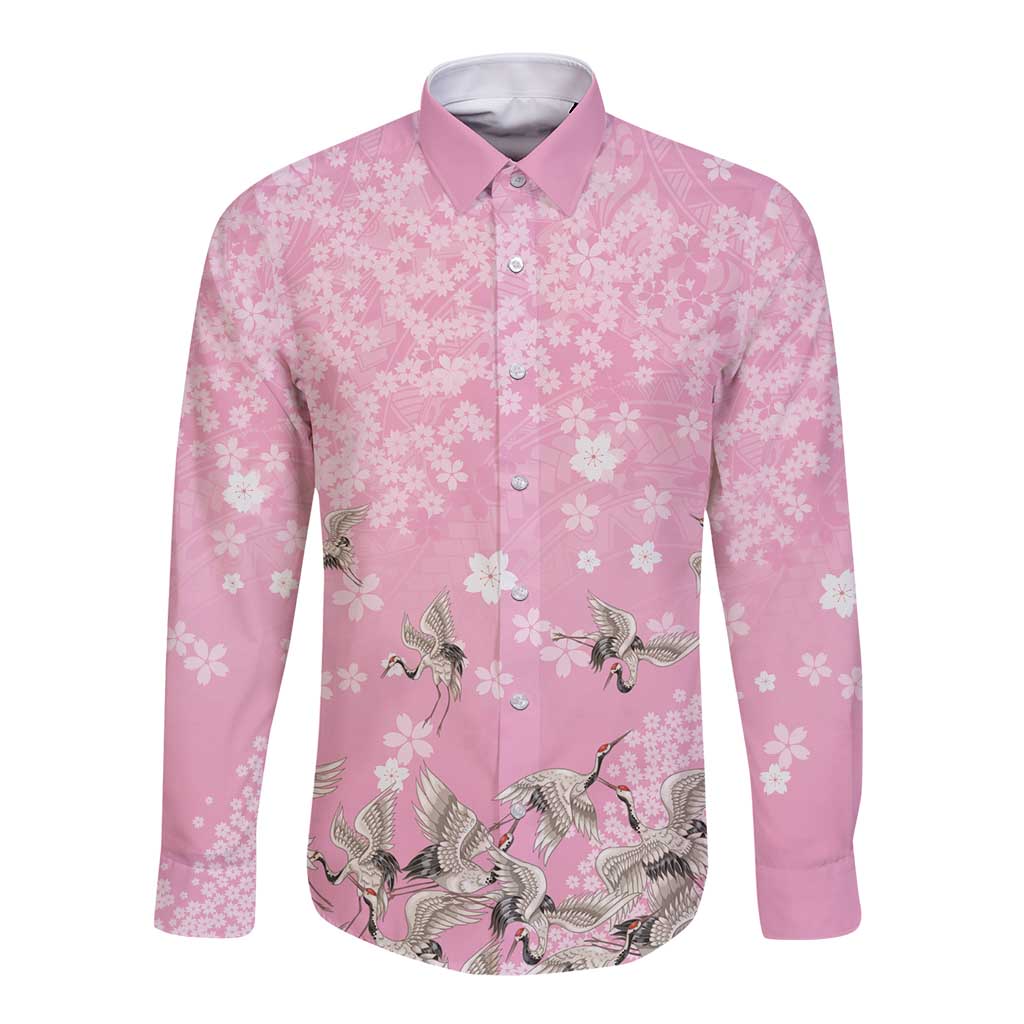 Cranes Sakura Floral Pink Pastel Long Sleeve Button Shirt Hawaii Japan Culture LT01 Unisex Pink - Polynesian Pride