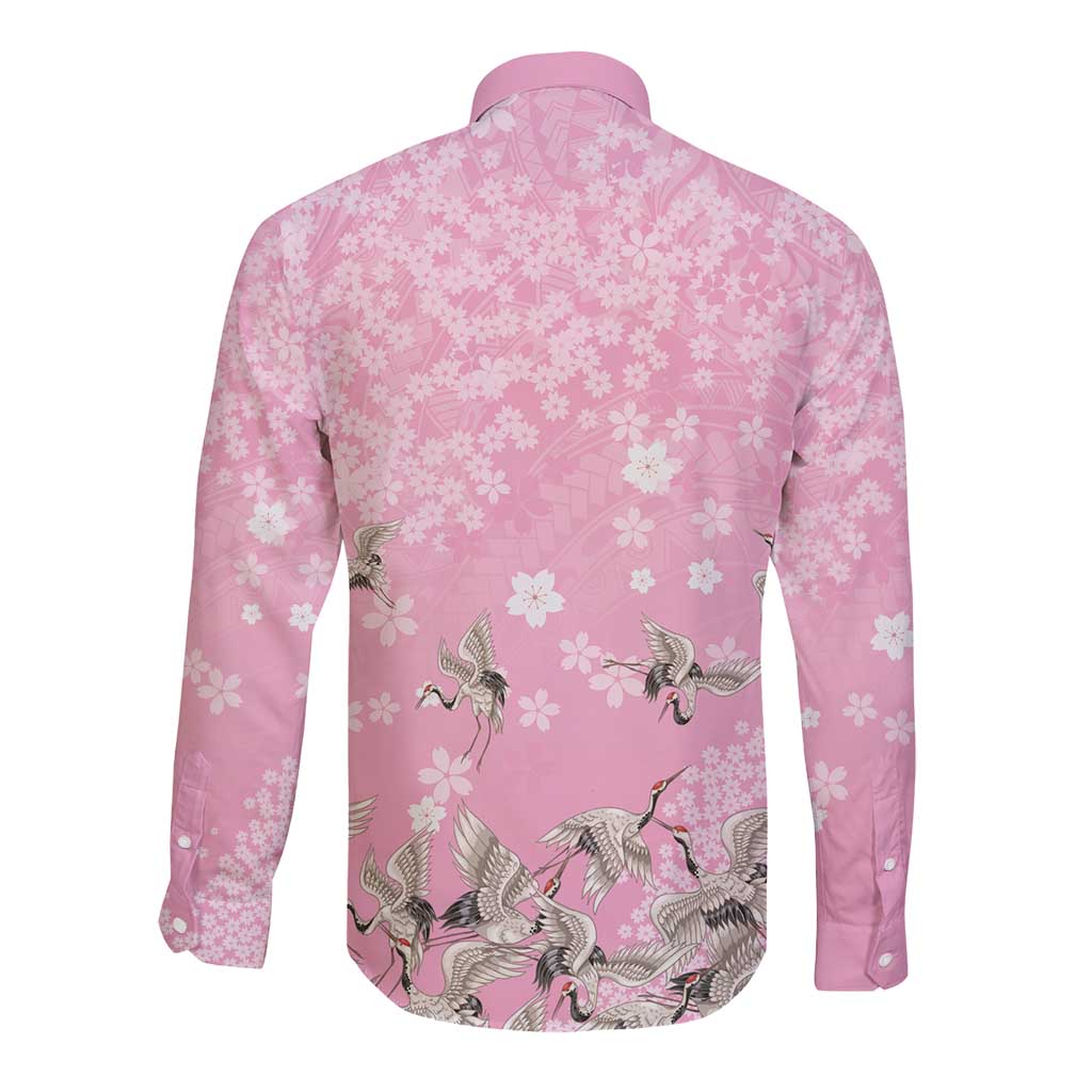 Cranes Sakura Floral Pink Pastel Long Sleeve Button Shirt Hawaii Japan Culture LT01 - Polynesian Pride